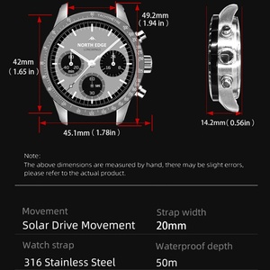 นาฬิกาควอตซ์ผู้ชาย North Edge 2025 Longwings Solar  10 บาร์ กันน้ำ  พร้อมฟังก์ชั่นจับเวลา  ตัวเรือนสแตนเลสสตีล 316  หน้าปัดเรืองแสง  นาฬิกานักบิน - Product Image 2