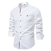 Kemeja Pria Lengan Panjang Kasual 100% Katun Kerah Tegak Kancing Tunggal Bordir Logo Ready Stock Desain Custom OEM