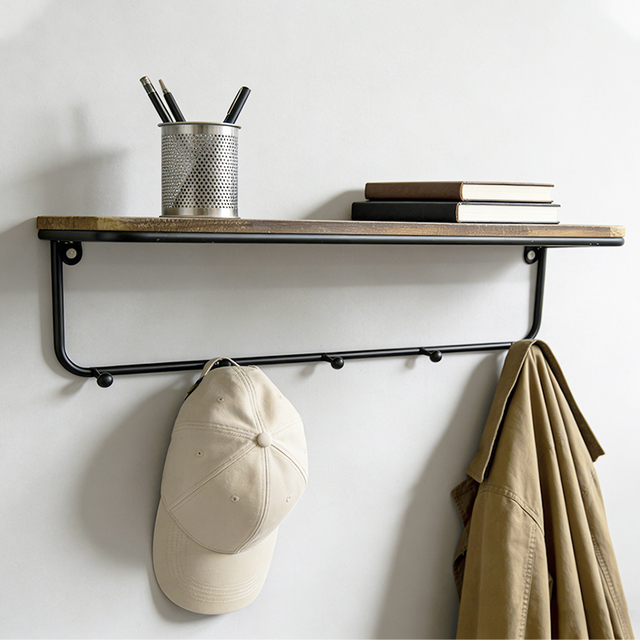 Handmade Modern Single Tier Wall-Mounted Floating Shelf with Hook Bracket Wooden Corner Storage Rack for Living Room