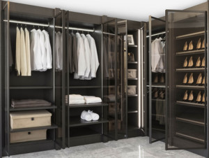 Meubles de maison modernes - Armoire de chambre à coucher en <span class=keywords><strong>bois</strong></span>, <span class=keywords><strong>dressing</strong></span> en aluminium en forme de L, porte en <span class=keywords><strong>bois</strong></span> et en verre pour un usage en appartement, rangement - Product Image 5