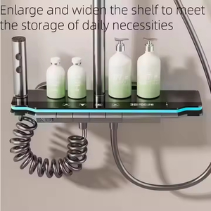 Système de douche numérique intelligent YF 2026 gris bronze moderne avec <span class=keywords><strong>LED</strong></span>, ensemble de douche thermostatique en laiton à touches piano et effet pluie, avec étagère de rangement - Product Image 3