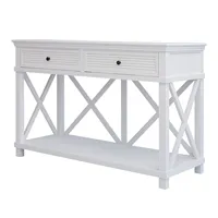 Table console blanche de ferme avec 2 tiroirs et étagère inférieure, table d'entrée à cadre en X pour salon et couloir