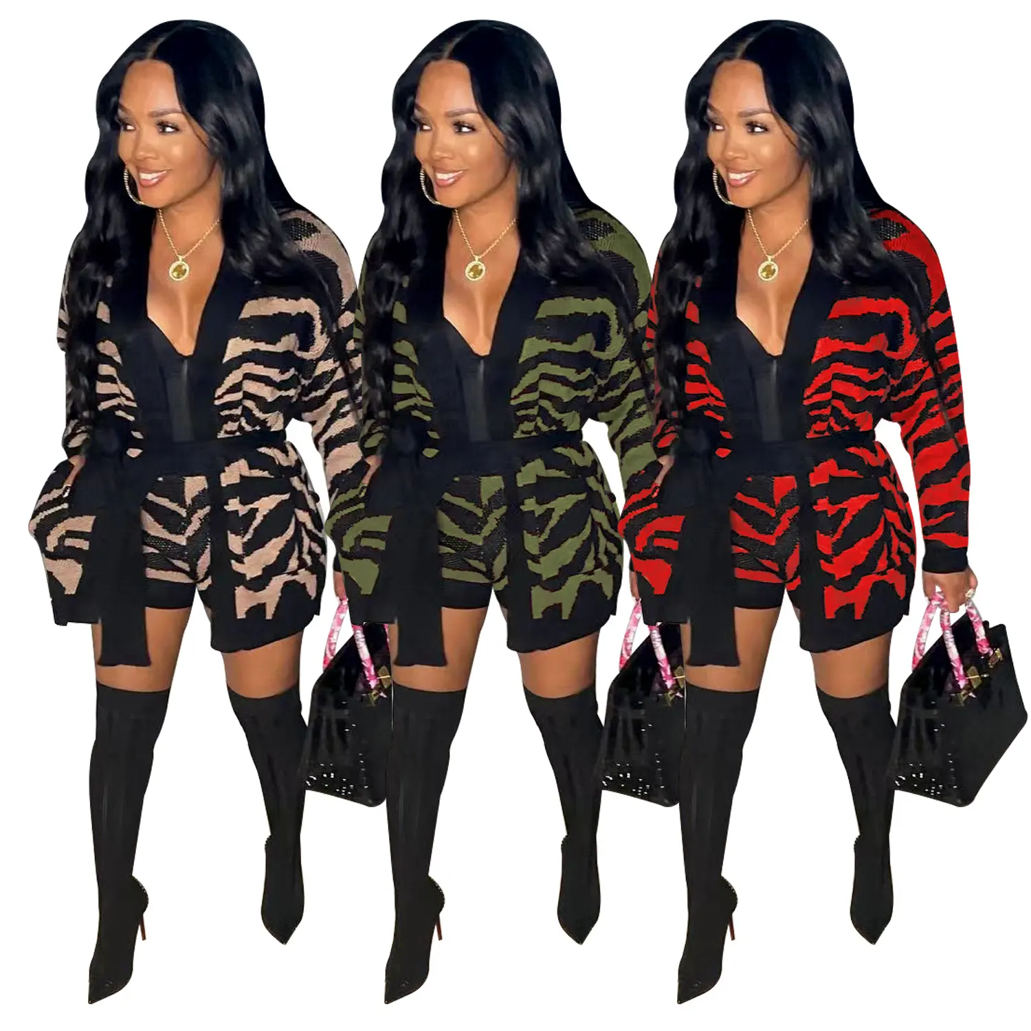 Boutique Women Winter Clothing Knit Leopard Two Pieces Short Set knitted Cardigan Coat And Sweater Shorts Set Women Outfits