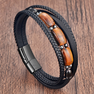 Pulsera de Cuero con Piedra Ojo de Tigre Amarillo Natural para Hombre, Brazalete de Cuero Trenzado de Doble Capa con Cierre Magnético de Acero Inoxidable - Product Image 3