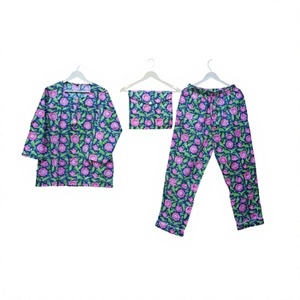 Ensemble de pyjama pour femmes en coton 100% élégant à imprimé floral, col rabattu, taille élastique, manches longues, vêtements de nuit décontractés respirants - Product Image 1