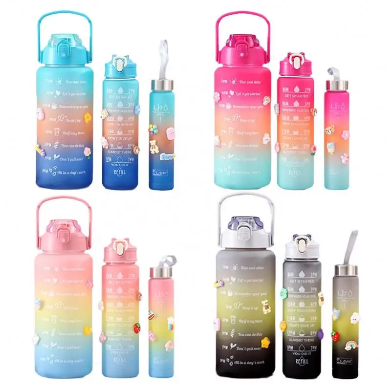 3 PACK outdoor plastic sport motivational Water Bottles sets with Times marker to Drink and Straw 2000ml -800ml -300ml