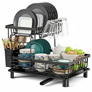 Égouttoir à vaisselle noir en acier à 2 niveaux multifonctionnel pour évier, avec rangement pour couverts, pour cuisine domestique - Product Image 1