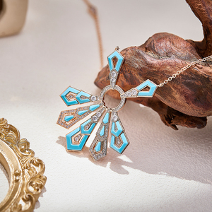 Kalung Panjang Wanita Bentuk Kipas Berbahan Kuningan Retro <span class=keywords><strong>Art</strong></span> <span class=keywords><strong>Deco</strong></span> Warna Biru Turquoise Putih MOP Malachite dengan Zirkonia, Laris di Dubai - Product Image 2
