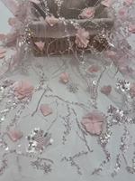 Tissu en dentelle 100 % polyester tissé à la main, brodé de perles en forme de rose tridimensionnelle, orné de paillettes, pour femmes, résistant et fait main