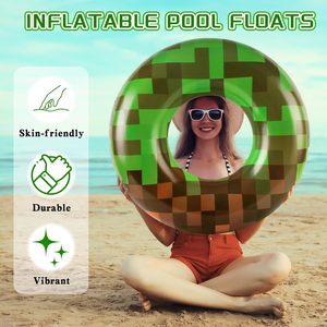 2 Pack Pixel Grass Block Themed <b>Inflatable</b> Swim Rings for Pool Beach - Product Image 3