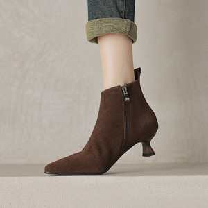 Botines de tacón bajo de ante con punta, elegantes y adelgazantes para mujer, estilo francés. - Product Image 2