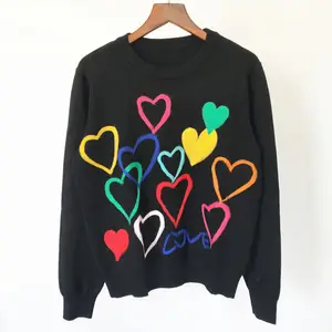 2024 유럽과 미국 새로운 스타일 사랑 하트 패턴 라운드 넥 스웨터 몰려 긴 소매 여성 스웨터
