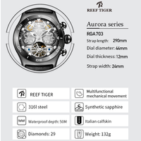 Reloj Deportivo Reef Tiger RGA703 para Hombre de Lujo con Cristal de Zafiro y Esqueleto Luminoso con Indicador de Año Mes Día y Fecha Automático Venta al por Mayor