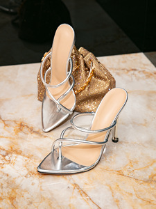 QLFashion Women High Heel <b>Sandals</b> Silver Fashion-Slip-on Tilt Party Pointed <b>Toe</b> Simple - Product Image 6