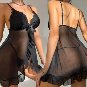 Pigiama Sexy da Donna, Camicia da Notte Completamente Trasparente in Rete, Lingerie Seducente in Pizzo, Taglia Grande con Spacco - Product Image 3