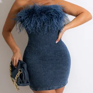 Tasarımcı toptan kadınlar kulübü parti Bodycon Fit seksi Faux kürk Trim straplez tüy Mini elbise