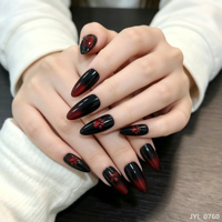 24 faux ongles en ABS à presser, forme amande, effet œil de chat dégradé noir et rouge, longueur moyenne, réutilisables, rose foncé, luxe