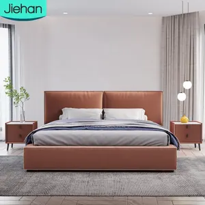 high end orange upholstered double frame italian luxury master bedroom modern leather queen bed for adult