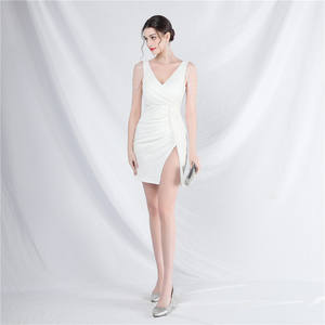 Seksi v yaka pullu boncuklu Mini balo elbise kısa parti kokteyl yarık abiye - Product Image 3