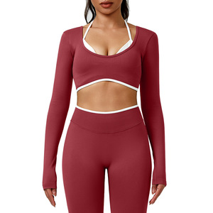 Haut de yoga sans coutures à blocs de couleur pour femme, manches longues, dos en U, séchage rapide, en Spandex, pour la course, le fitness et la gym - Product Image 1