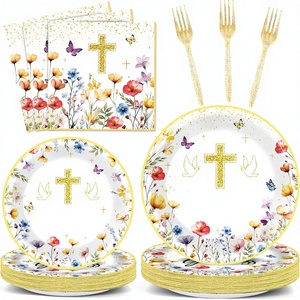 Assiettes et serviettes de fête pour baptême, décorations de baby shower avec croix dorée, colombe blanche et motifs floraux, assiettes à dessert pour fête - Product Image 1
