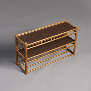 Étagère à thé en bambou à trois niveaux avec plateau de récupération d'eau, porte-tasses, rangement et présentoir pour service à thé, pour salon, rectangulaire, couleur rétro - Product Image 2