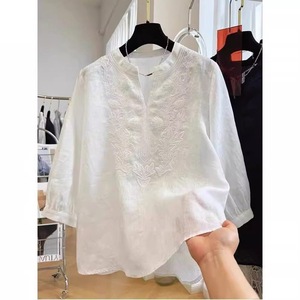 White Cotton Linen Embroidered 3/4 Sleeve Blouse Women Summer Casual Vintage Style Top - Product Image 1