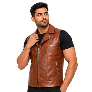 Chaleco de Motociclista de Cuero Sintético Marrón para Hombre, Marca Tiierwear, con Cierre Frontal, Color Sólido, Cuello Camisero, Estilo Otoñal - Product Image 1