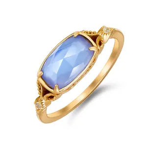 925 argento Sterling 14K placcato oro gemma stile marino doppio strato pietra di quarzo blu vetro bianco anello conchiglia