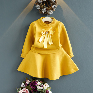 Vêtements pour enfants de mode coréenne en gros, vêtements pour filles, vêtements de couleur unie, ensembles de robes en tricot - Product Image 1