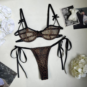 Wholesale Sexy Leopard Print Lingerie Bow French Bra Thong Ultra Thin Mesh See Through 2 Piece Set <b>Bikini</b> for Women - Product Image 6