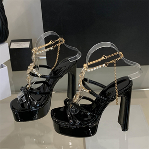 XSD 2025 Open Toe Square Head Super High Heels European American Summer Fashion Sexy Gold Bridal Ladies Sandals <b>Plastic</b> Outsole - Product Image 3