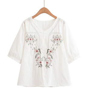Blusa Blanca Floral para Mujer, Cuello en V, Manga Raglán, Estilo Bohemio, Transpirable, de Algodón, Estilo Coreano, para Primavera/Verano, Informal - Product Image 5