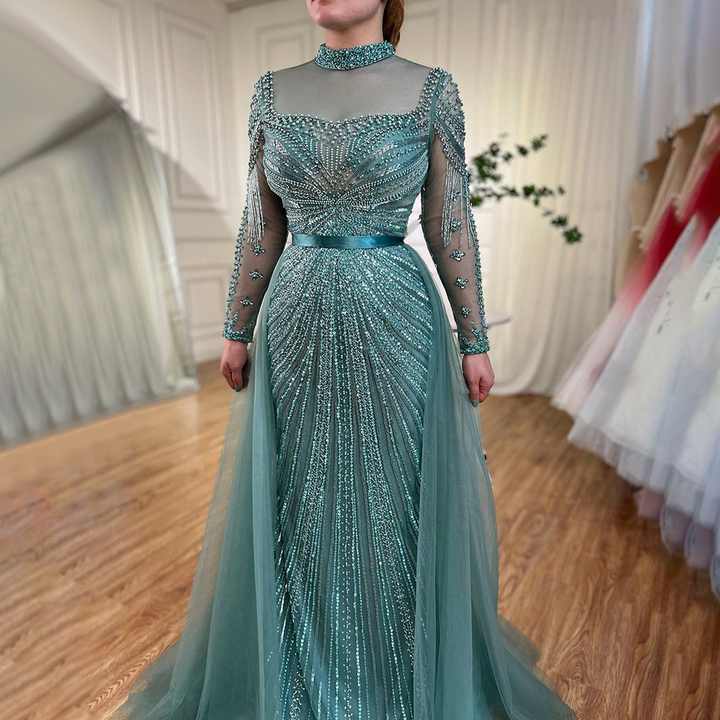 turquoise long dress with sleeves Ruffle Sleeve Mesh Maxi 6 Colors Turquoise High Neck Long Sleeves