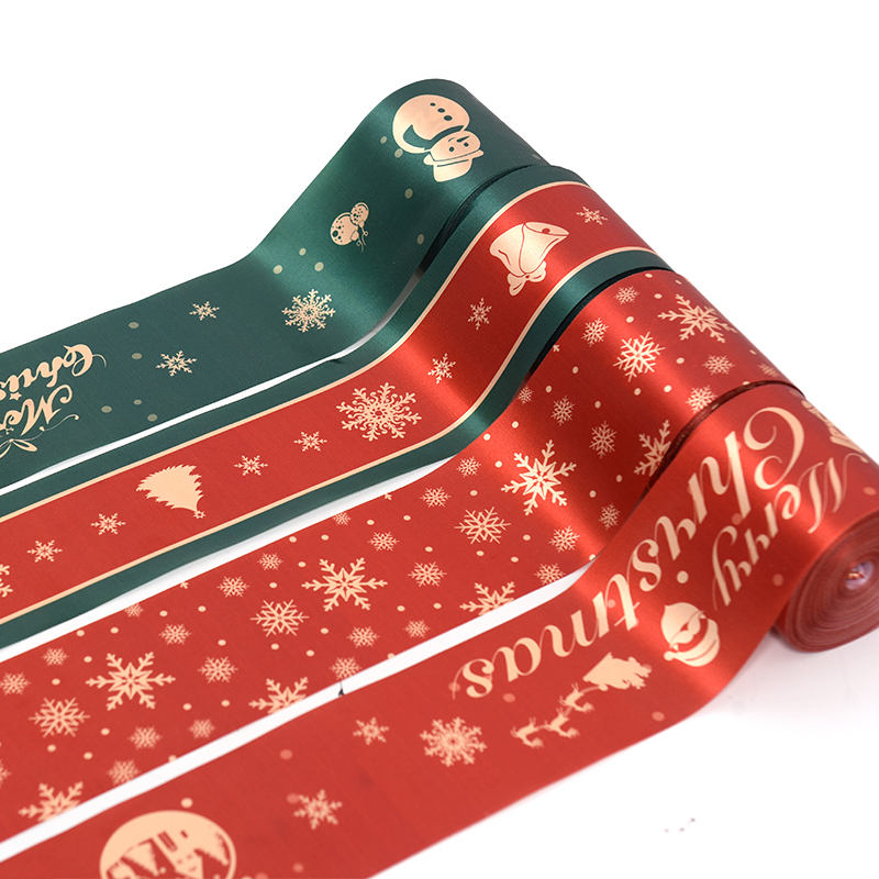Single Double Sided Polyester Ribbon with Gold Foil Christmas Gift Box Packaging Ribbon Christmas Holiday Decoration Ribbon
