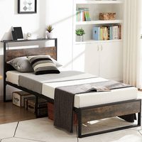 Hochwertiges Holz-Metall-Plattformbett mit Holz-Kopfteil für Schlafzimmer, Modernes MDF-Metallbett