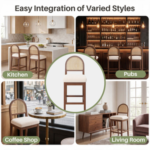 Modern Natural Woven Rattan <b>Back</b> Bar Counter <b>Stools</b> Thick Sponge Cushion Wooden Chairs for Outdoor Hotel & Dining Use - Product Image 4