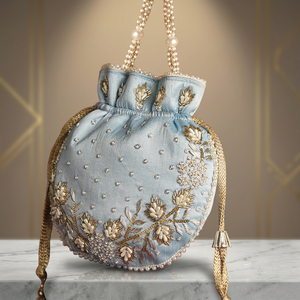 Sky Blue Silk Potli <b>Bag</b> With <b>Pearl</b> Embellishments Floral Design Drawstring Closure Evening Party Wear - Product Image 3