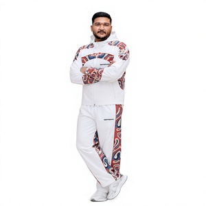 REXFIT SPORTS 2026 Ensemble de survêtement personnalisé pour homme en nylon beige, veste à capuche entièrement zippée et pantalon avec empiècements imprimés, vêtements de sport personnalisés - Product Image 1