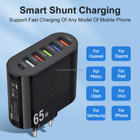 Cargador Rápido de 65W con 5 Puertos USB Tipo C, Enchufe para EE. UU., UE y Reino Unido, Cargador de Teléfono Inteligente con Protección de Sobrecarga para Samsung, iPhone y Google