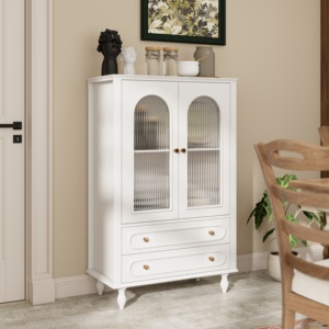 Vetrina in Vetro da 46,5 Pollici con Porte in Vetro Scanalato, 2 Cassetti, Ripiano Regolabile, Mobile da Soggiorno Autoportante - Product Image 5