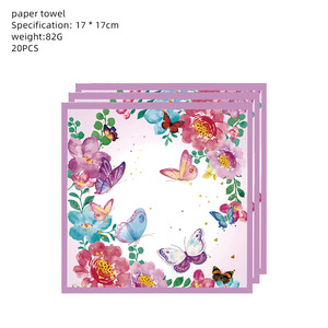 Vaisselle de fête d'anniversaire pour enfants sur le thème des papillons rose et violet LUYI, assiettes en <span class=keywords><strong>papier</strong></span>, serviettes, gobelets, nappe, décorations - Product Image 4