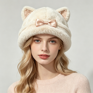 Gorro de invierno para mujer, estilo coqueta, con orejas de gato de piel sintética, lazo de satén, decoración de perlas, cálido y afelpado, para clima frío, ACE - Product Image 1
