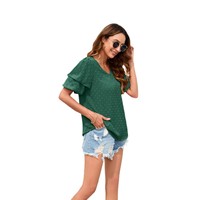 T-shirt décontracté ample pour femme, col en V, manches bouffantes, motif floqué, manches courtes, collection Printemps/Été, pour le tourisme transfrontalier