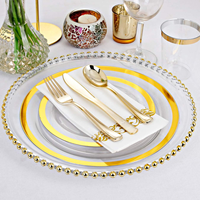Vaisselle jetable en plastique PS à bords dorés, 175 ensembles, restaurants, mariage, fête, anniversaire, assiette, verre à vin, couteau, fourchette et cuillère
