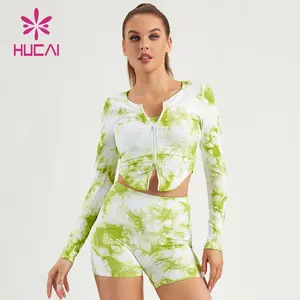 Hucai Custom Spandex Slim Fit Dubbel Uiteinde Rits Lange Mouw Tie Dye Gym Crop Top Yoga Shirt Voor Vrouwen