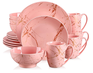 Service de vaisselle en céramique marbrée rose poudré, 16 pièces, assiettes, bols, mugs, pour 4 personnes, luxe, cuisine, hôtel, restaurant, mariage, vente en gros - Product Image 1