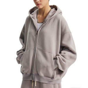 Ensemble de survêtement pour <span class=keywords><strong>femme</strong></span> personnalisé, en polaire d'hiver 370G, coupe ample, avec veste zippée à capuche, effet délavé et teint à la cire, style sport décontracté, vente en gros - Product Image 4