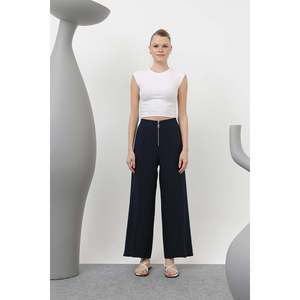 Pantalon pour femme Puane bleu marine avec détails zippés, style élégant pour femme de bureau, coupe confortable, pantalon décontracté polyvalent - Product Image 1