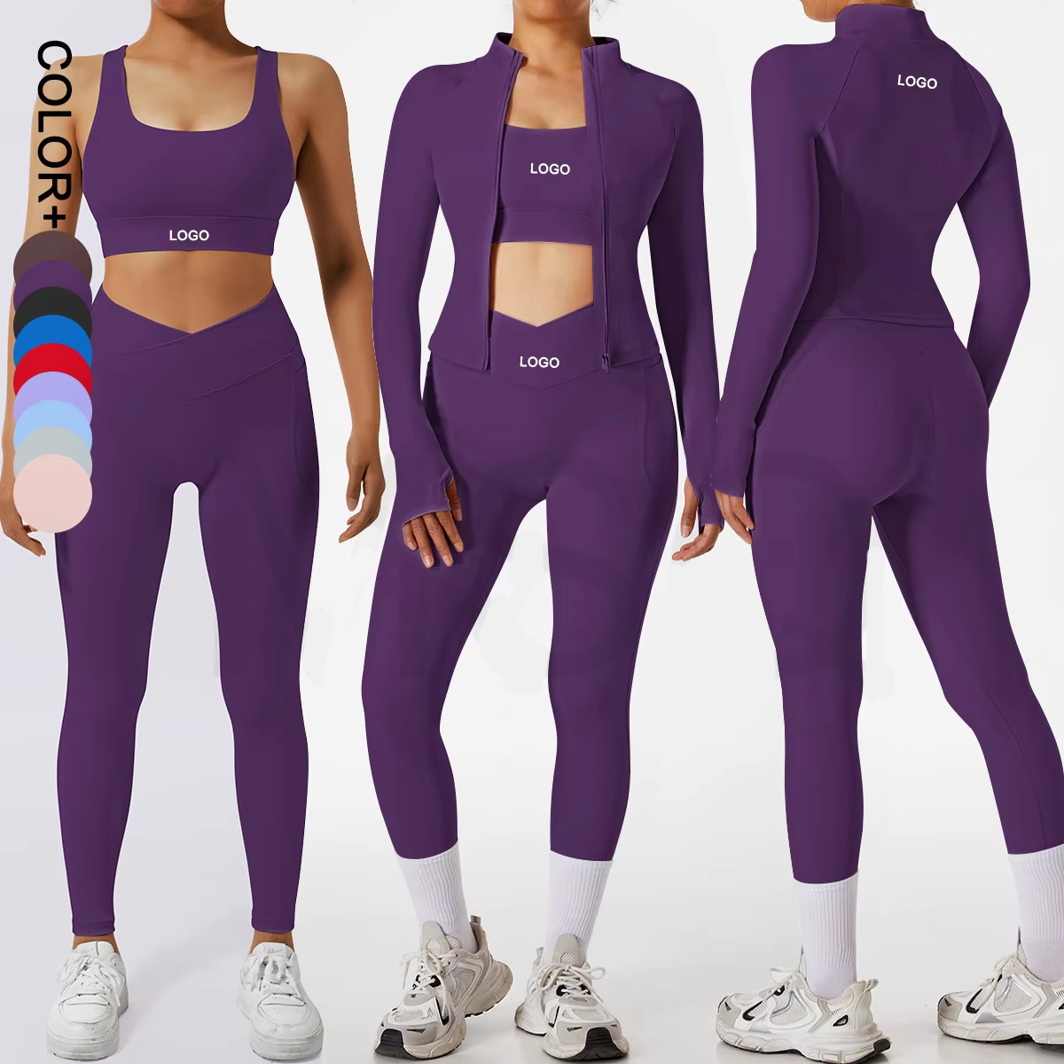 Women's Clothing Custom Workout Fitness Yoga Set 3-Piece Zipper Jacket And Leggings Yoga Style Pants Sports Tracksuit Outfits